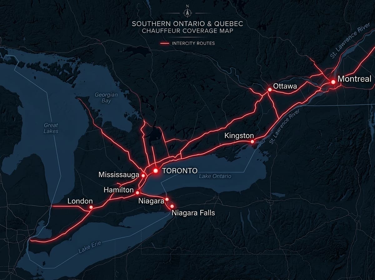 Canadian Intercity Chauffeur Coverage Map across Ontario and GTA