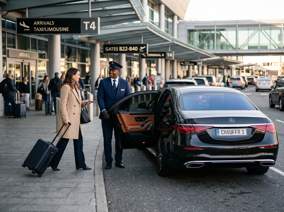 SophRia professional chauffeur holding vehicle door open at airport arrivals