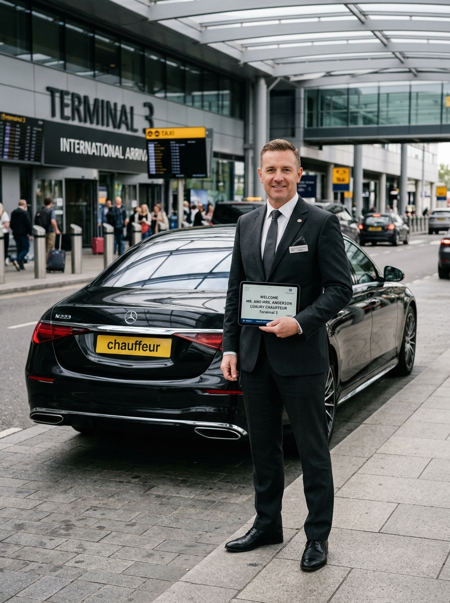 SophRia chauffeur holding iPad welcome sign at airport arrival gate