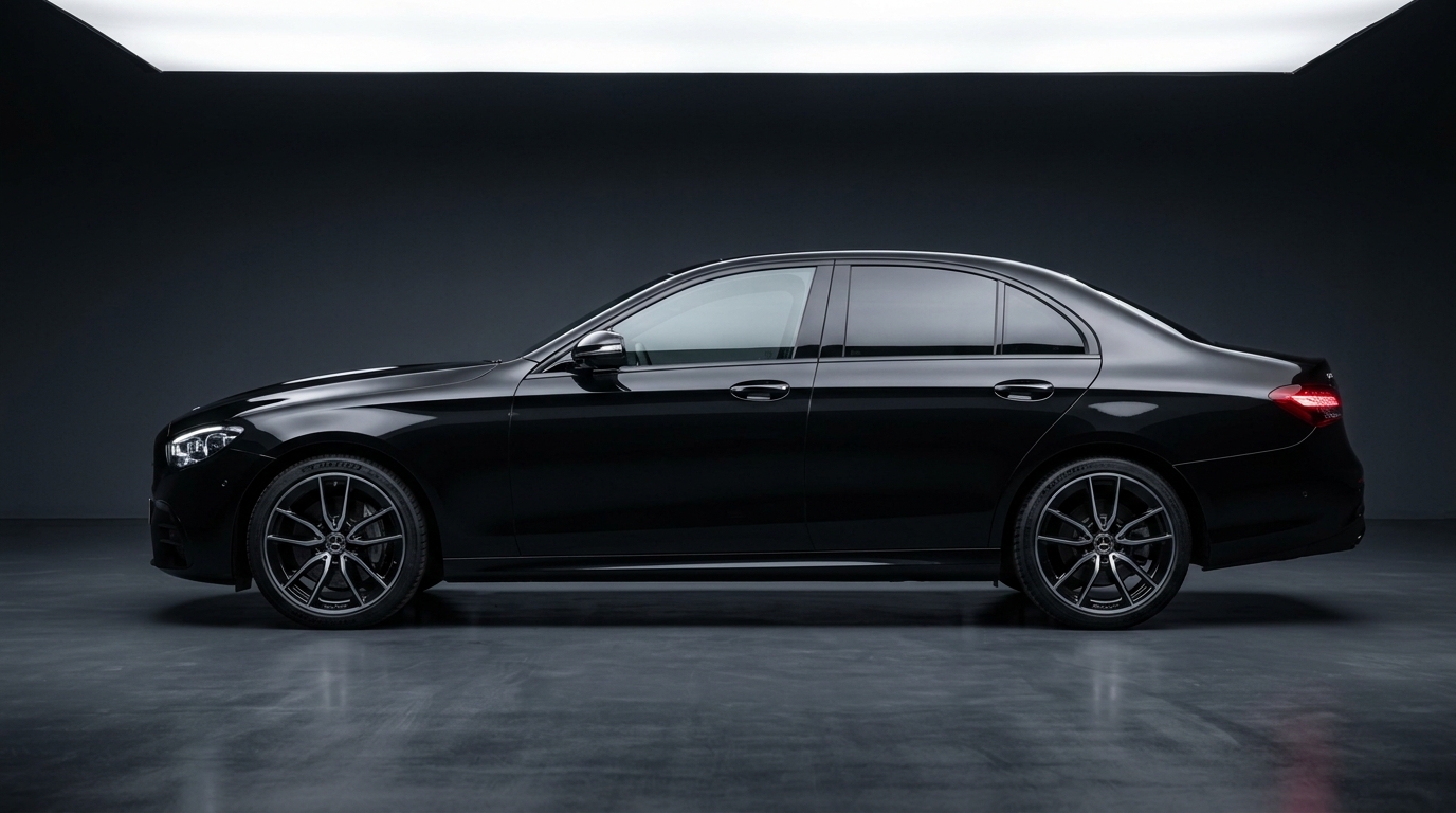Corporate executives in executive chauffeur sedan working on tablet